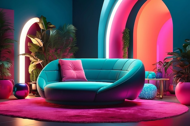 Kolorowy wystrój salonu w aksamitnym, neonowym kolorze