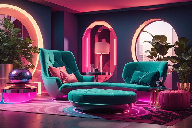 Kolorowy wystrój salonu w aksamitnym, neonowym kolorze