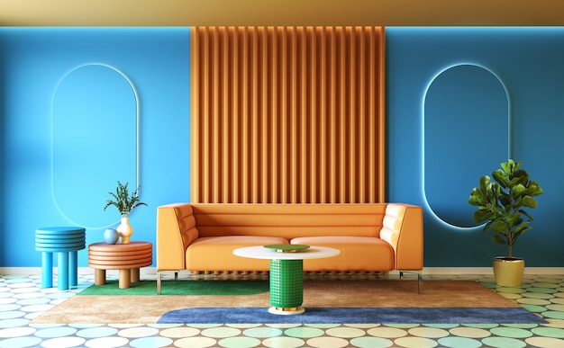 Kolorowy wystrój wnętrza salonu memphis concept 3d render