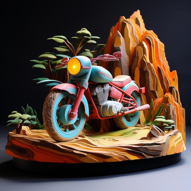 Zdjęcie kolorowy wyświetlacz modeli motocykli 3d z naturalnym krajobrazem