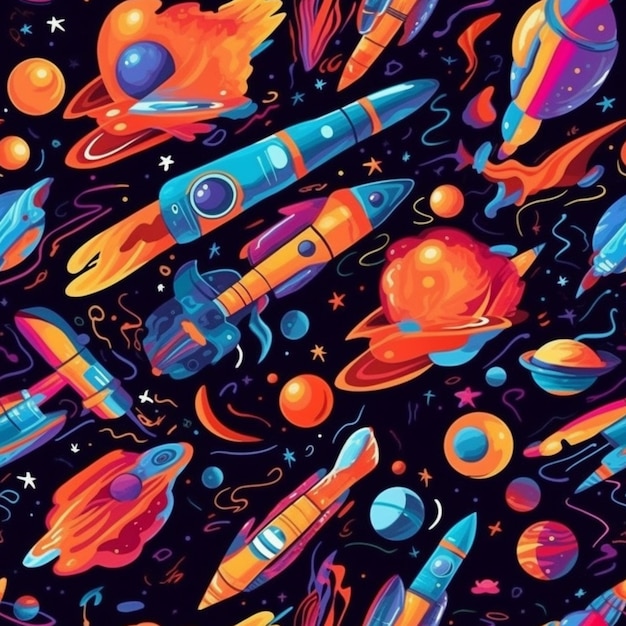 Kolorowy wzór kosmiczny z rakietami i planetami generatywnymi ai