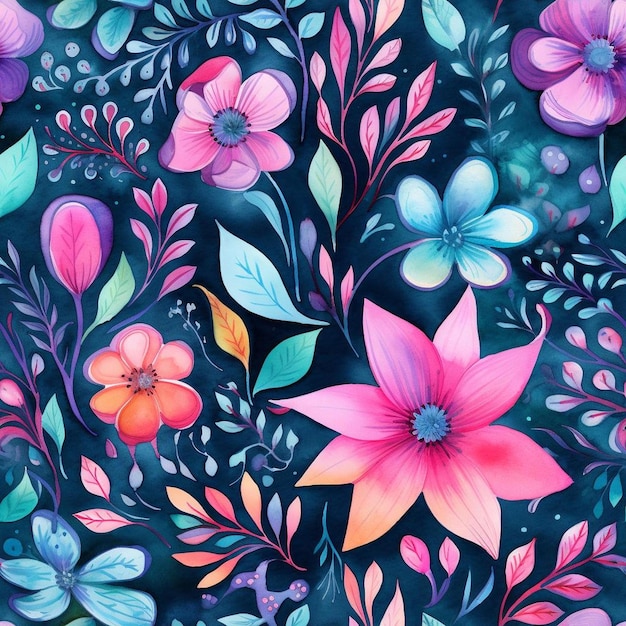 Kolorowy wzór kwiatowy z kwiatami i motylami.