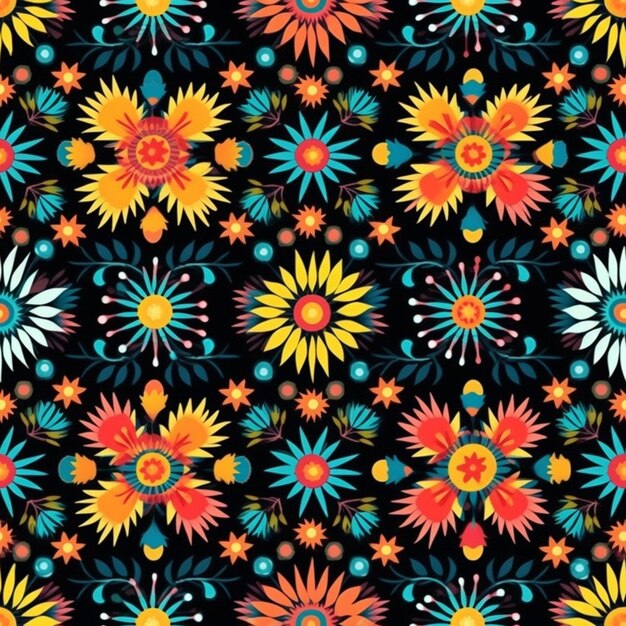 Kolorowy wzór kwiatowy z wieloma różnymi kolorami na czarnym tle generatywny ai