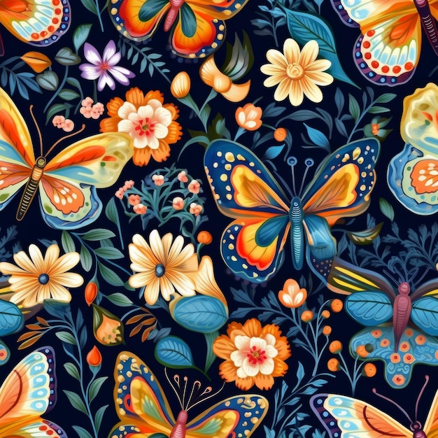 Kolorowy wzór motyli i kwiatów na ciemnym tle.