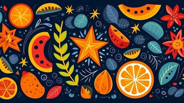 Kolorowy wzór owoców i liści z gwiazdkami i liśćmi generatywnymi