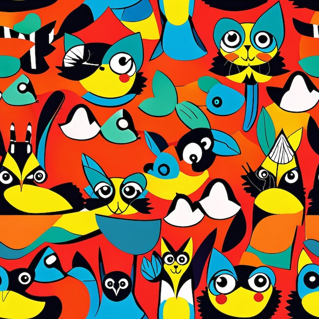 kolorowy wzór z kotami i ptakami