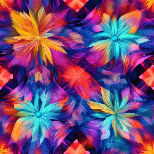 Kolorowy wzór z liśćmi i kwiatami.