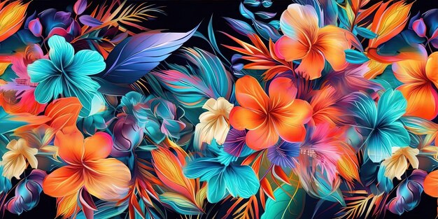 kolorowy wzór z tropikalnymi kwiatami na czarnym tle