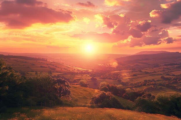 Kolorowy zachód słońca nad górzystą okolicą