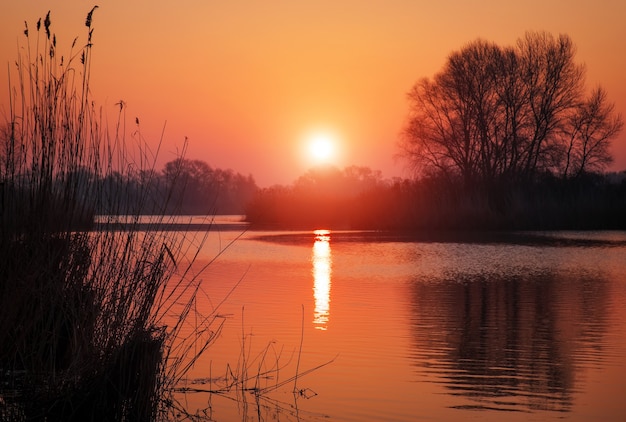 Kolorowy zachód słońca nad jeziorem. Czerwone i pomarańczowe niebo. Poranna scena