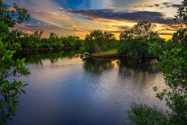 Kolorowy zachód słońca nad jeziorem w Parku Narodowym Everglades na Florydzie