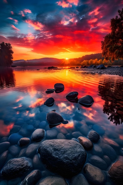 Kolorowy zachód słońca nad jeziorem ze skałami w wodzie.