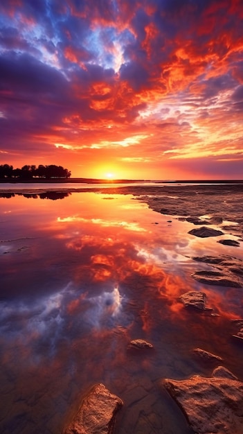 Kolorowy zachód słońca nad oceanem z niebem i chmurami odbitymi w wodzie.