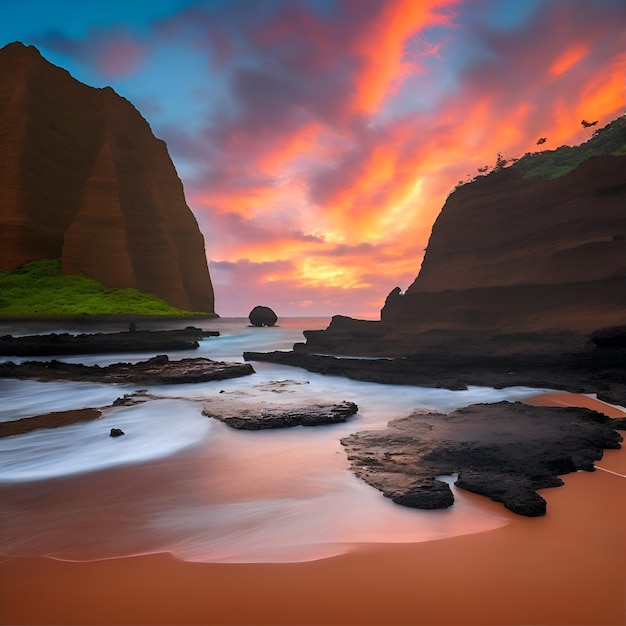 Kolorowy zachód słońca z czerwoną piaszczystą plażą i dużą formacją skalną.
