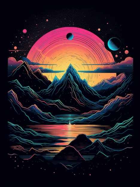 kolorowy zachód słońca z górami i jeziorem na pierwszym planie generatywnej ai