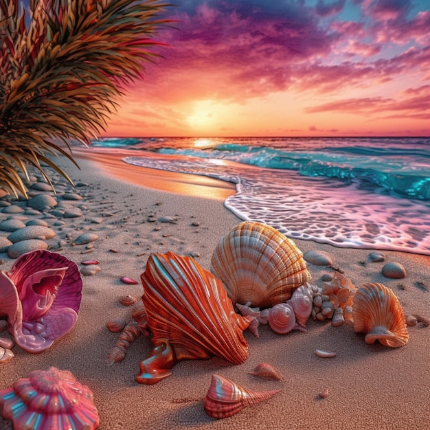 Zdjęcie kolorowy zachód słońca z muszli na plaży