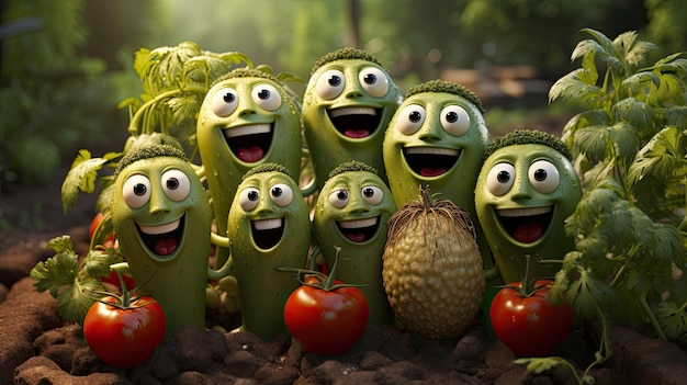 Zdjęcie kolorowy zestaw warzyw ozdobiony kreskówkowymi twarzami, które promieniują radością i radością