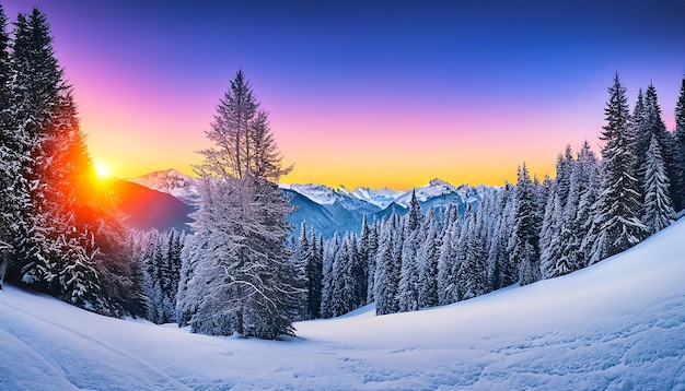 Kolorowy zimowy wschód słońca w górskim lesie Pierwszy śnieg w grudniu