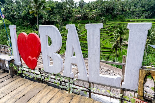 Kolorowy znak I Love Bali w pobliżu tarasów pól ryżowych w tle Wyspa Bali Indonezja