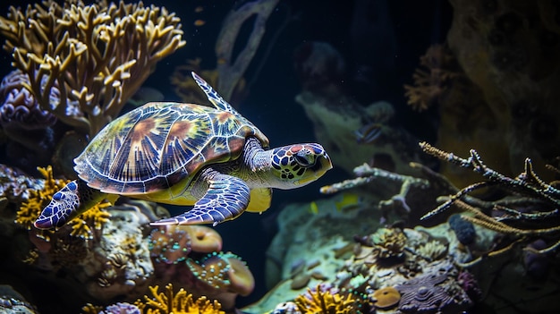 Zdjęcie kolorowy żółw pływający pod morzem