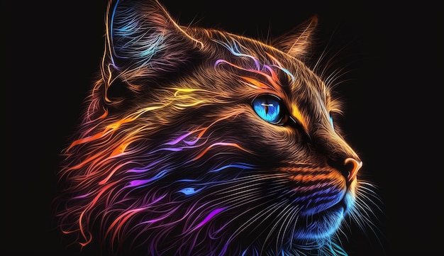 Kolorowy zwierzęcy kot głowa neonowy styl ilustracja obraz AI Generowany obraz