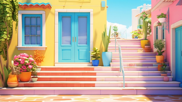 Kolorowy, żywy dom z drzwiami i schodami w słoneczny dzień