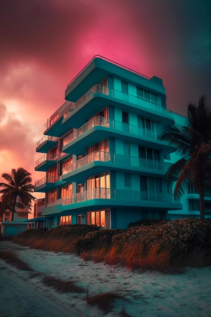 Kolory vaporwave mieszkania w Miami Building Wygenerowano AI