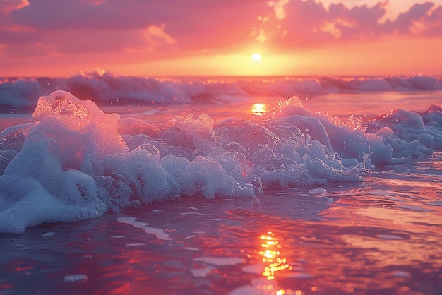 Kolory zachodu słońca rzucają ciepły blask na spokojne fale oceanu. Znikające światło rozmywa się w spokojne morze.