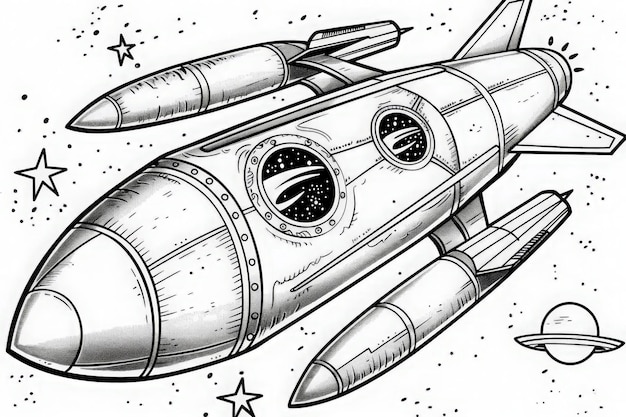 Kolorystka Żywy czarno-biały rysunek eleganckiej rakiety latającej przez kosmos w misji odkrywania nieznanego