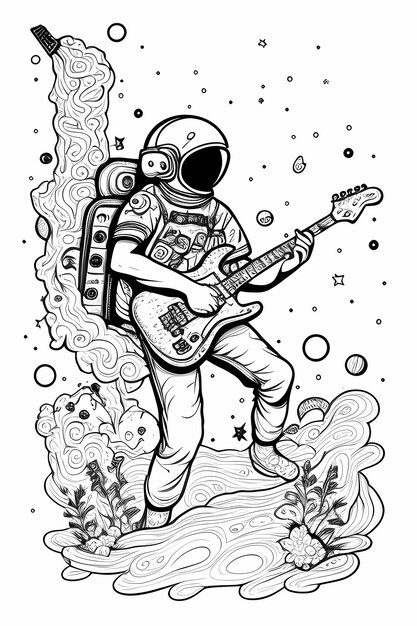 Zdjęcie kolorystyka dla dorosłych z psychedelicznym astronautą i fender telecaster