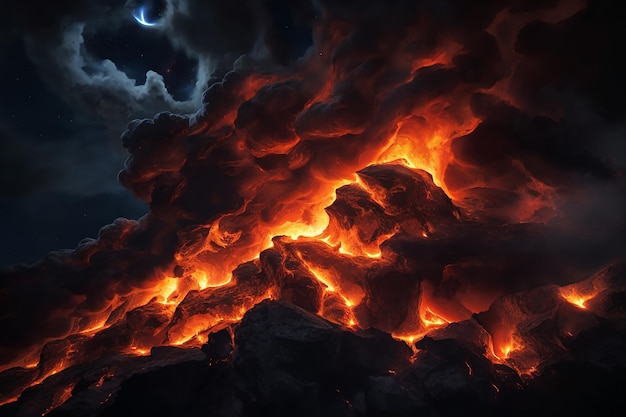 Kolosalna erupcja wulkanu oświetlana ogniem i dymem
