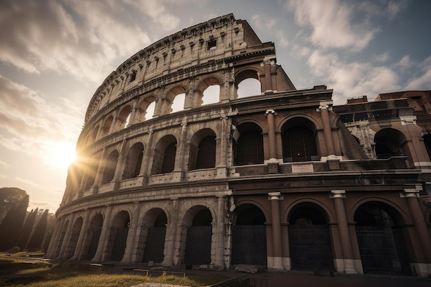 Koloseum w Rzymie o zmierzchu wśród ruin i turystów generujących IA