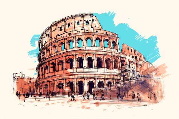 Zdjęcie koloseum w rzymie, włochy ręcznie rysowane szkic ilustracji ai generowane