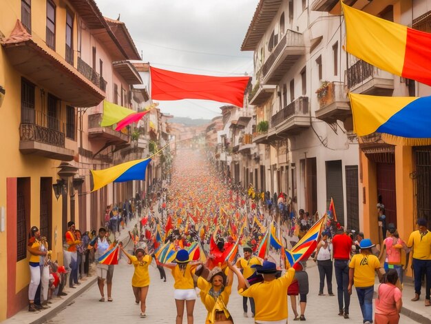 Zdjęcie kolumbijczycy ze swoją flagą na festiwalu wioskowym kolumbijczycy ze swoją flagą na festiwalu wioskowym duma kolumbijczyków z flagą na festiwalu wioskowym