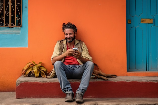 Kolumbijczyk korzysta ze smartfona, siedząc na kolumbijskiej ulicy. Wygenerowano sztuczną inteligencję