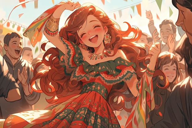 Kolumbijska dziewczyna z czerwonymi włosami tańcząca na imprezie fiesta manga styl anime ilustracja generatywna ai