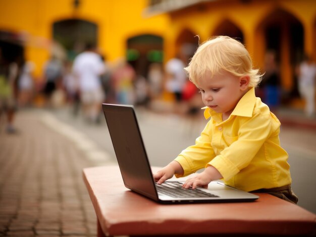 Zdjęcie kolumbijski dzieciak pracujący na laptopie w tętniącym życiem mieście