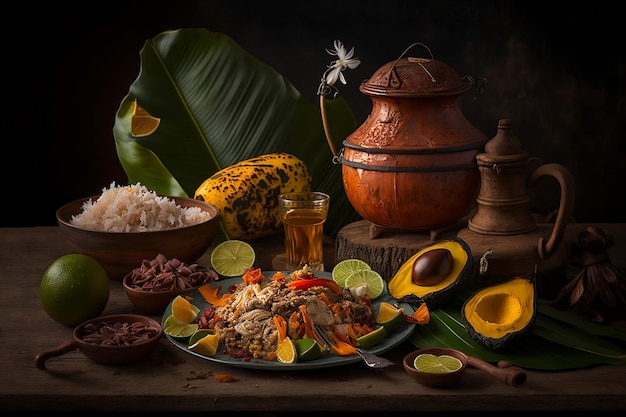 Kolumbijskie jedzenie Tradycyjne dania kolumbijskie na stole z liśćmi palmowymi na czarnym tle