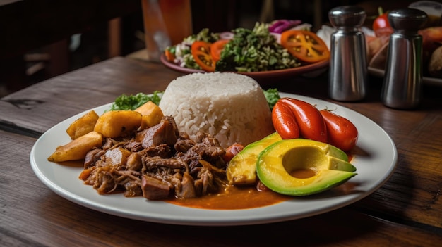 Kolumbijskie jedzenie zbliżenie świeżo ugotowanego dania Paisa podawanego na rustykalnym drewnianym stole