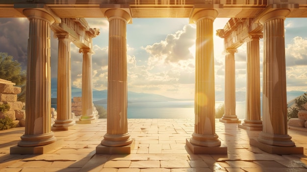 Kolumny wewnątrz starożytnej świątyni z widokiem na morze, słońce i niebo wnętrze starego greckiego budynku Koncepcja starożytnego Grecji ganek podróż i kultura