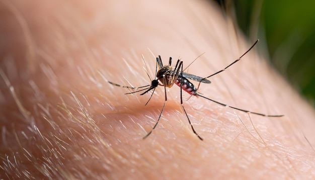 Zdjęcie komar ssący krew na ludzkiej skórze zbliżenie