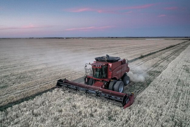 Zdjęcie kombajn zbożowy w pampas countryside widok z lotu ptaka prowincja la pampa argentyna