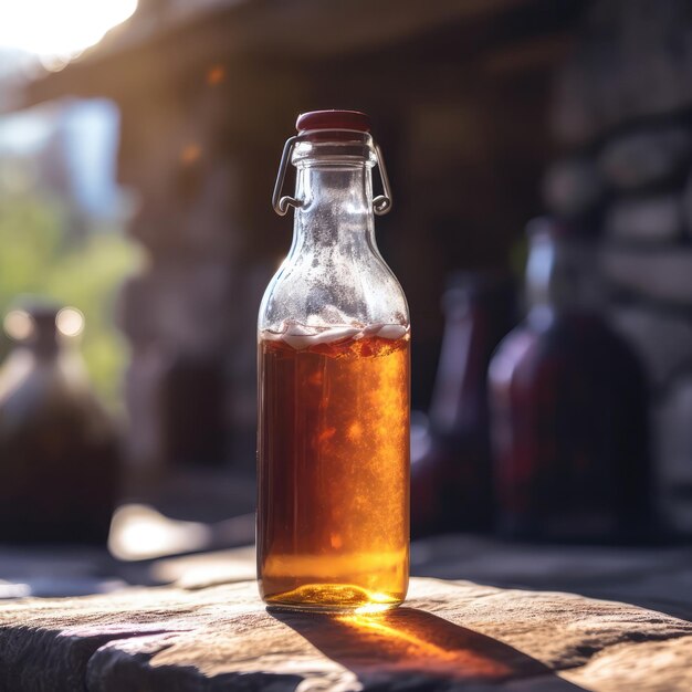 Kombucha Fermentowana herbata na kamieniu w rustykalnym pubie Generative AI