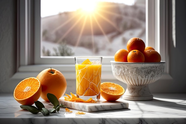 Komercyjne zdjęcie martwej natury soku pomarańczowego w okularach na marmurowej powierzchni