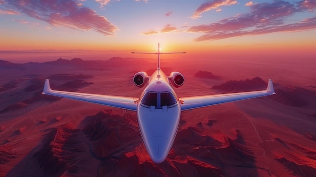 Komercyjny samolot latający na niebie nad miastem o zachodzie słońca