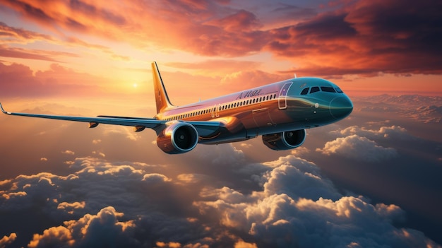 Komercyjny samolot lecący nad chmurami w dramatycznym świetle zachodu słońca