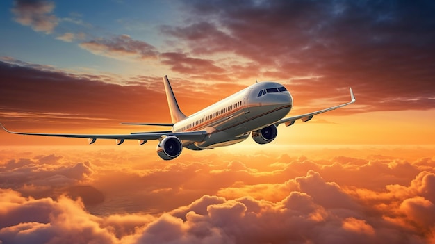 Komercyjny samolot odrzutowy lecący nad chmurami w pięknym świetle słonecznym Lotnictwo koncepcyjne podróży
