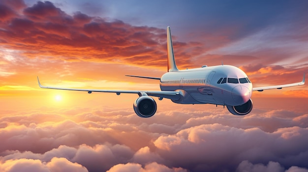 Komercyjny samolot odrzutowy lecący nad chmurami w pięknym świetle słonecznym Lotnictwo koncepcyjne podróży