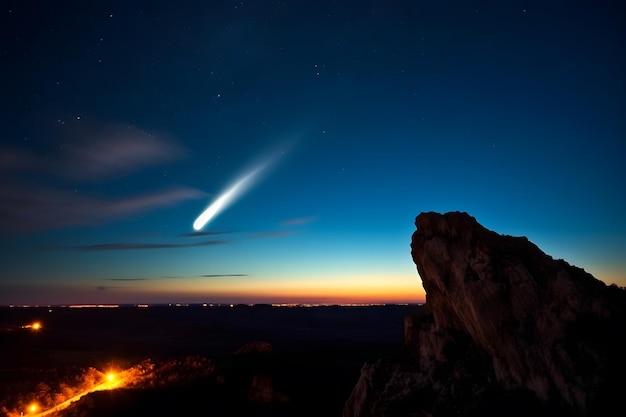 Zdjęcie kometa, asteroida, meteoryt spadają na ziemię przeciwko gwiezdnemu niebu, sieć neuronowa.
