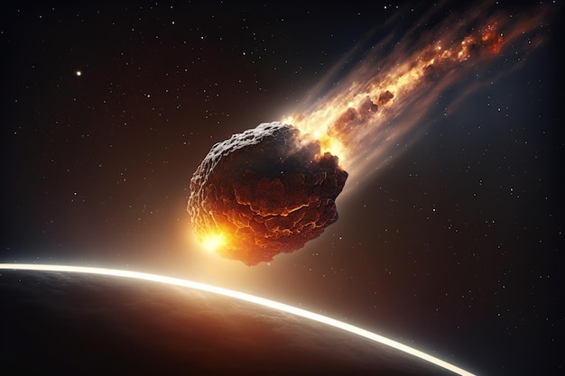 Zdjęcie kometa lub meteor asteroida lub meteoryt spada na ziemię ai atak meteorytu